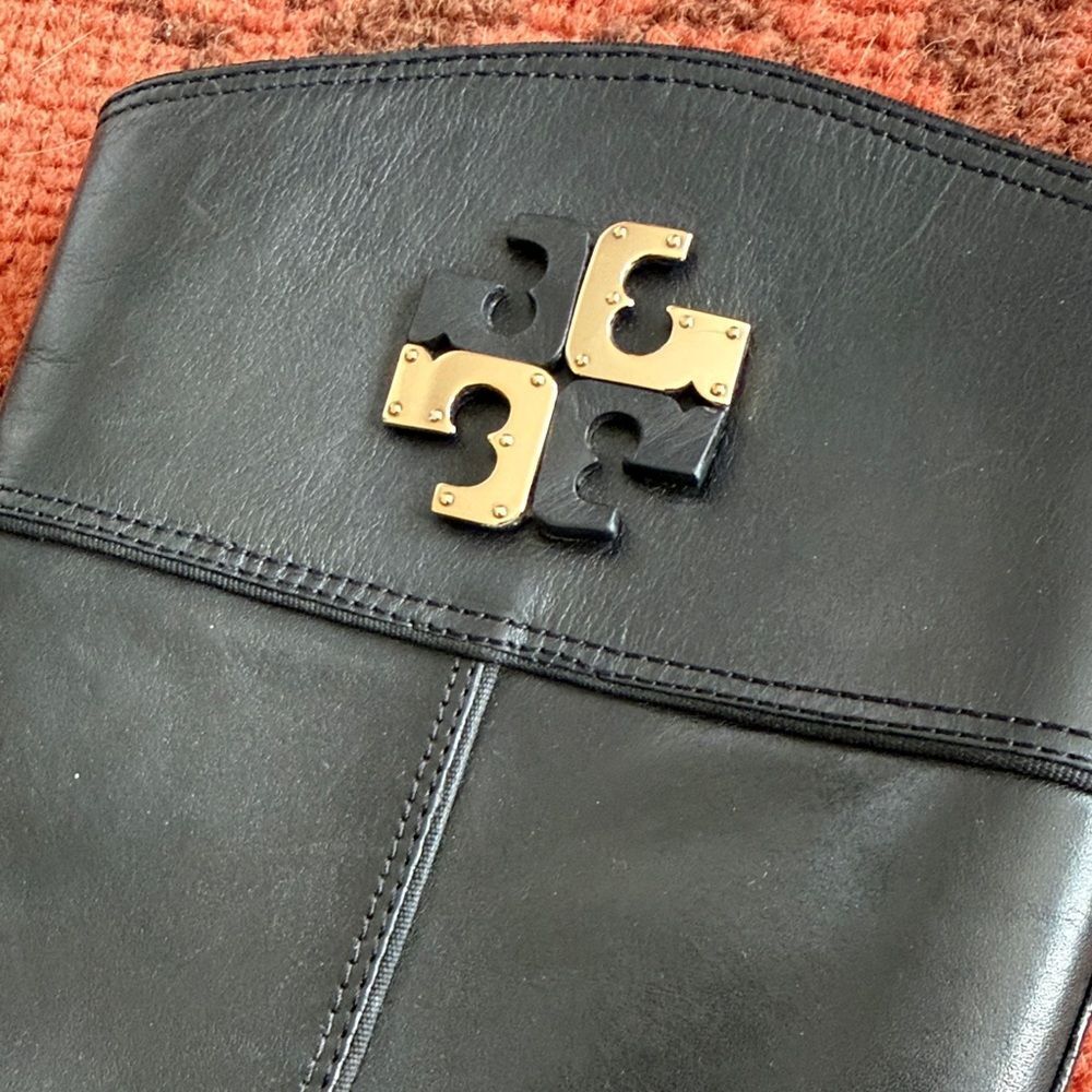 Tory Burch Black Leather Knee-High Riding Boots with Gold Logo - Picture 2 of 11